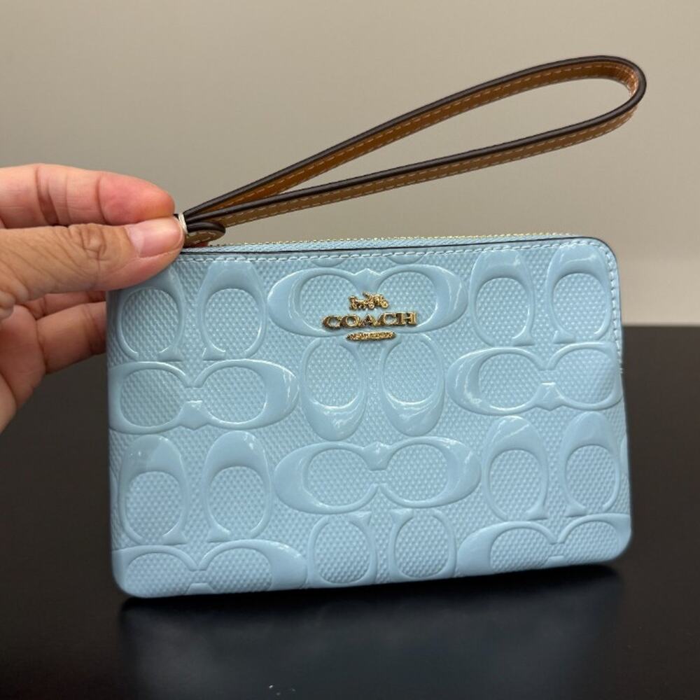 Coach Corner Zip Wristlet In Signature Leather With Charm CEX36 Gold/Light Blue
